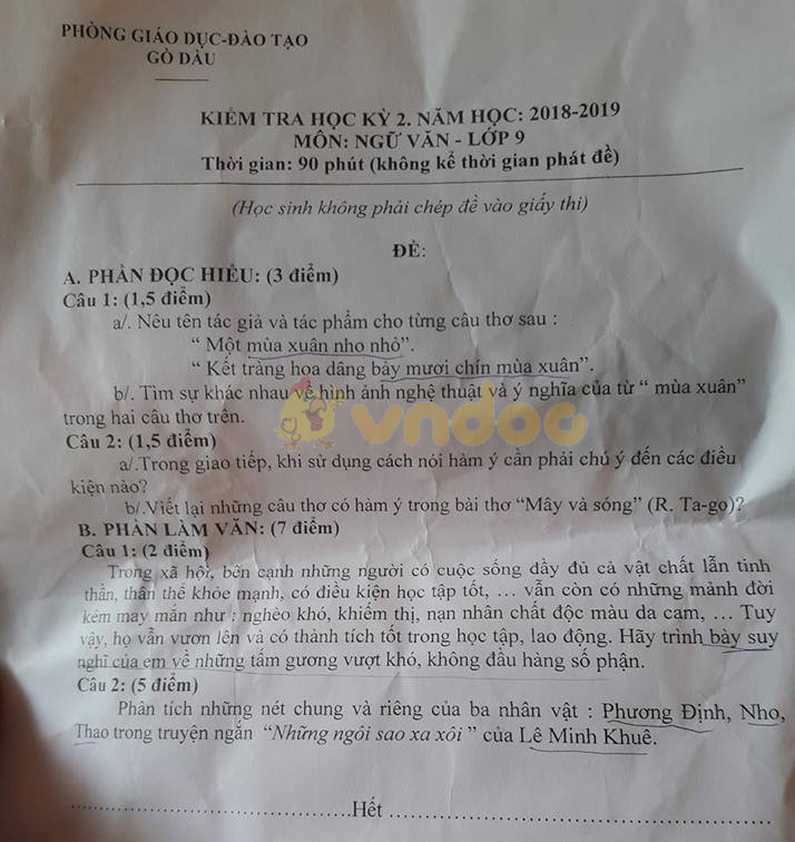 Đề thi học kì 2 lớp 9 môn Ngữ văn Phòng GD&ĐT Gò Dầu năm học 2018 - 2019