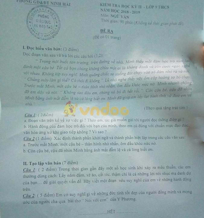 Đề thi học kì 2 lớp 9 môn Ngữ văn Phòng GD&ĐT Ninh Hải năm học 2018 - 2019
