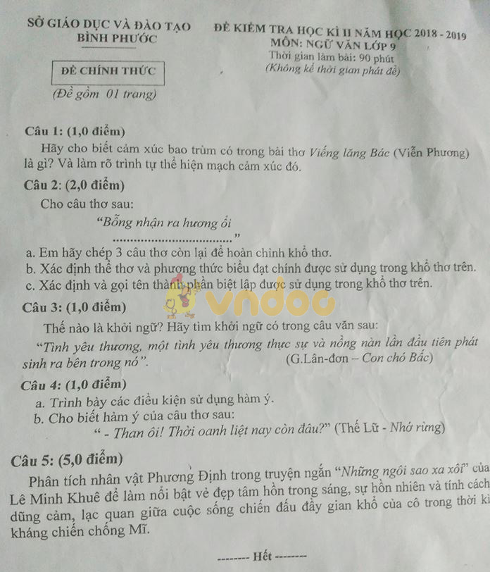 Đề thi học kì 2 lớp 9 môn Ngữ văn Sở GD&ĐT Bình Phước năm học 2018 - 2019