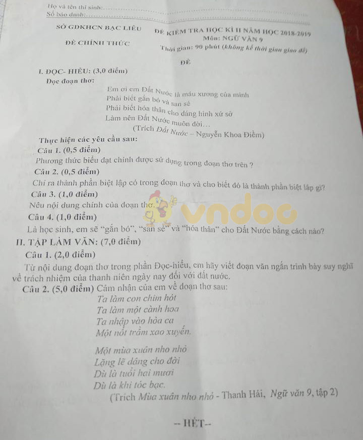 Đề thi học kì 2 lớp 9 môn Ngữ văn Sở GDKHCN Bạc Liêu năm học 2018 - 2019