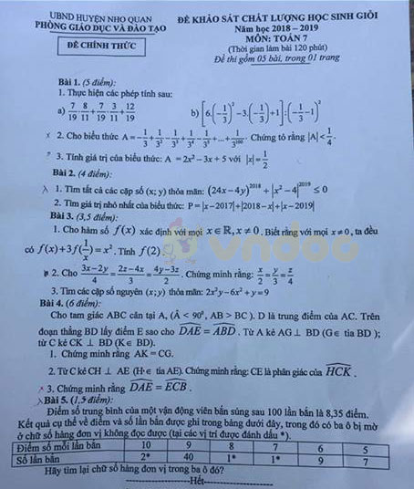 Đề thi học sinh giỏi lớp 7 môn Toán Phòng GD&ĐT huyện Nho Quan năm học 2018 - 2019