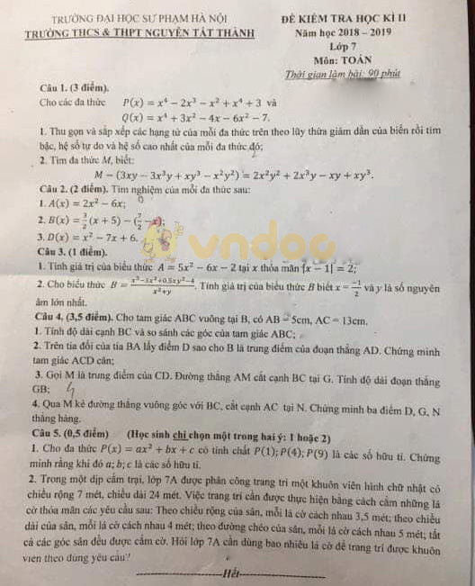 Đề thi học kì 2 lớp 7 môn Toán trường THCS&THPT Nguyễn Tất Thành năm học 2018 - 2019