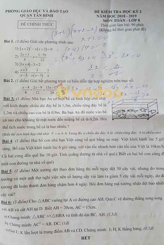 Đề thi học kì 2 lớp 8 môn Toán Phòng GD&ĐT Quận Tân Bình năm học 2018 - 2019
