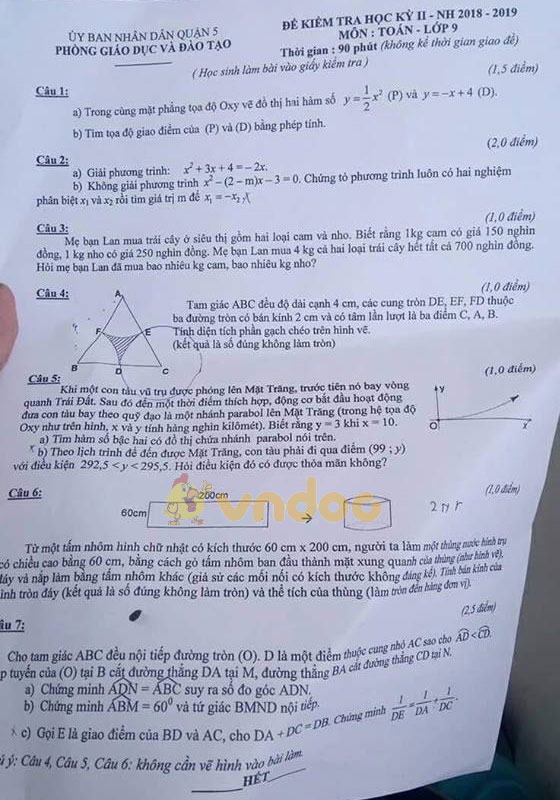 Đề thi học kì 2 lớp 9 môn Toán Phòng GD&ĐT Quận 5 năm học 2018 - 2019