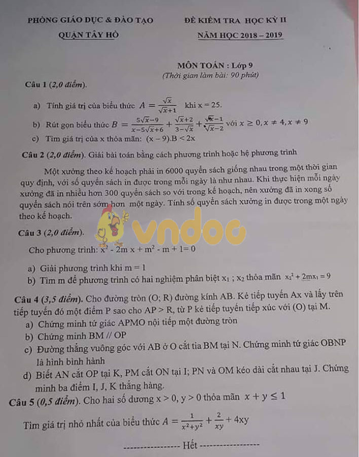 Đề thi học kì 2 lớp 9 môn Toán Phòng GD&ĐT quận Tây Hồ năm học 2018 - 2019