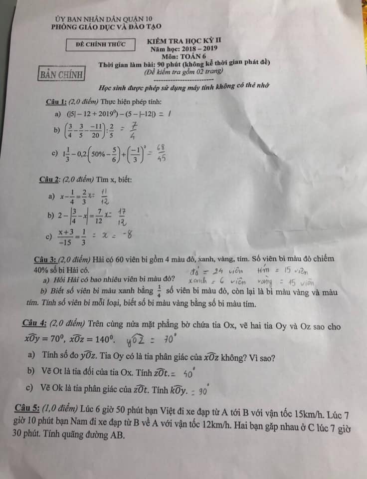 Đề thi học kì 2 môn Toán lớp 6