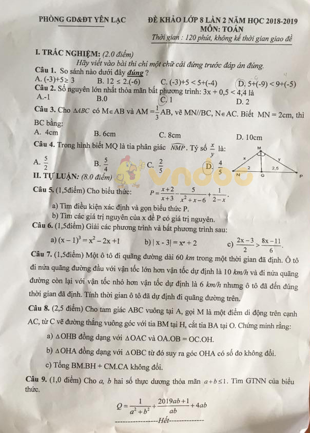 Đề thi KSCL lớp 8 môn Toán Phòng GD&ĐT Yên Lạc năm học 2018 - 2019 (lần 2)