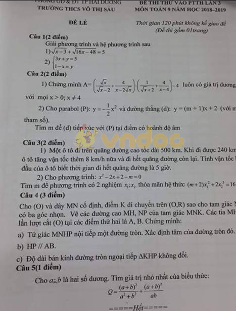 Đề thi thử vào lớp 10 môn Toán trường THCS Võ Thị Sáu, Hải Dương năm học 2018 - 2019 (lần 3)