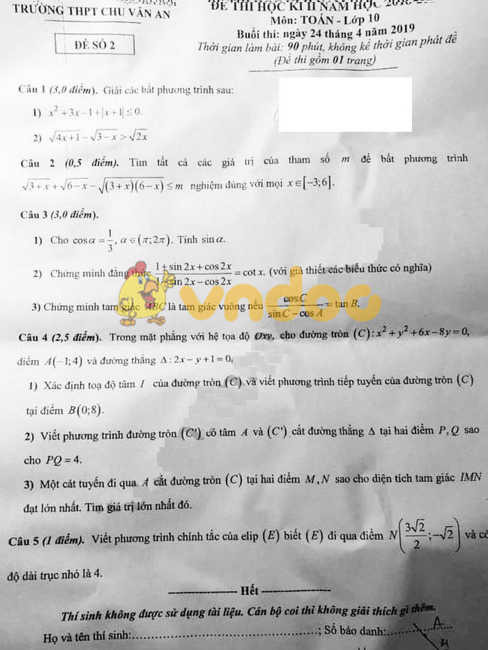 Đề thi học kì 2 lớp 10 môn Toán năm 2018 - 2019