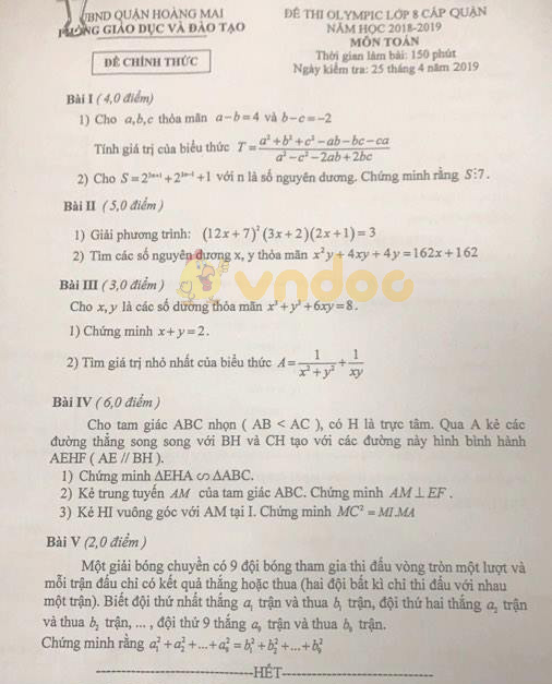 Đề thi Olympic lớp 8 môn Toán Phòng GD&ĐT quận Hoàng Mai năm học 2018 - 2019