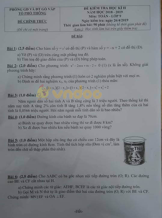 Đề thi học kì 2 lớp 9 môn Toán Phòng GD&ĐT Gò Vấp năm học 2018 - 2019