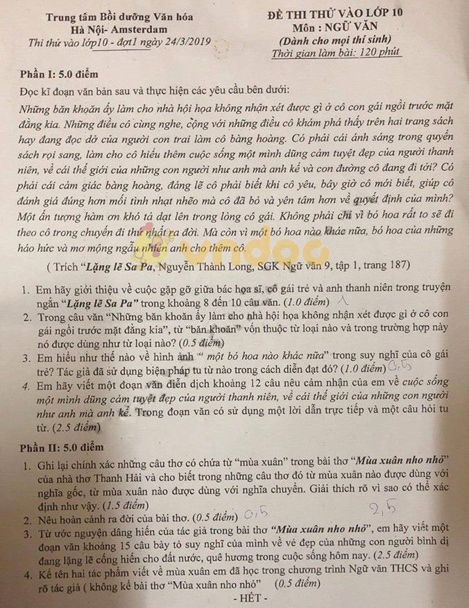 Đề thi thử vào lớp 10 môn Ngữ văn trường THPT Chuyên Hà Nội - Amsterdam năm học 2019 - 2020