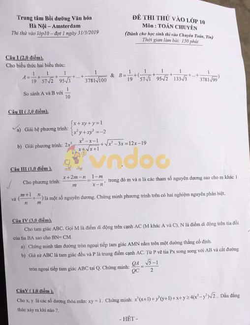Đề thi thử vào lớp 10 môn Toán trường THPT Chuyên Hà Nội - Amsterdam năm học 2019 - 2020