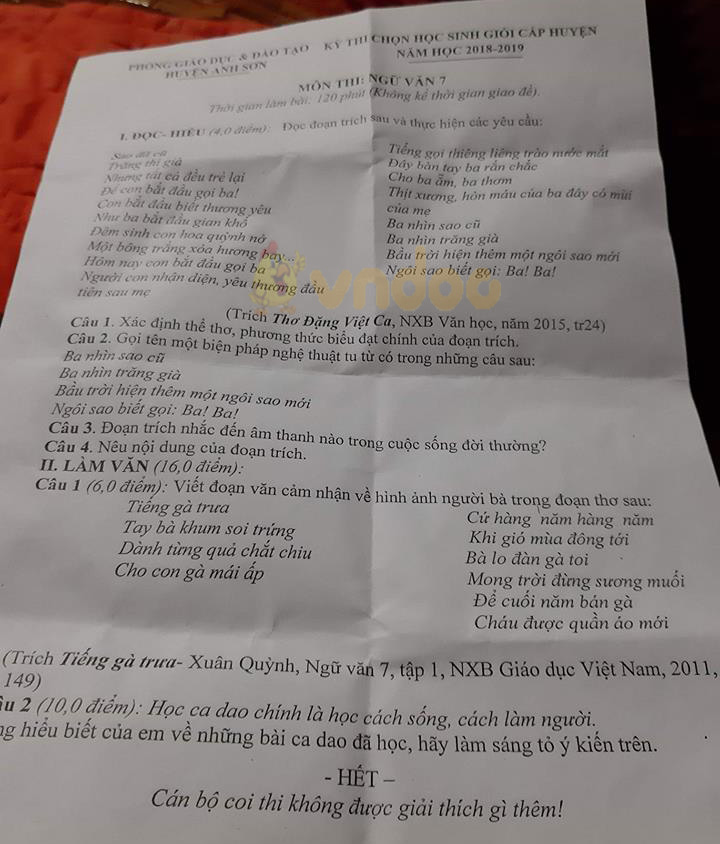 Đề thi chọn học sinh giỏi cấp huyện lớp 7 môn Ngữ văn Phòng GD&ĐT huyện Anh Sơn năm học 2018 - 2019