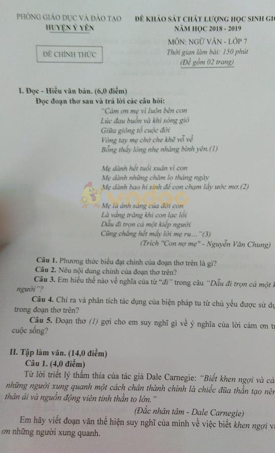 Đề thi chọn học sinh giỏi lớp 7 môn Ngữ văn Phòng GD&ĐT huyện Ý Yên năm học 2018 - 2019