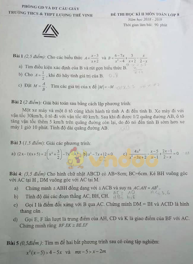 Đề thi học kì 2 lớp 8 môn Toán trường THCS&THPT Lương Thế Vinh năm học 2018 - 2019