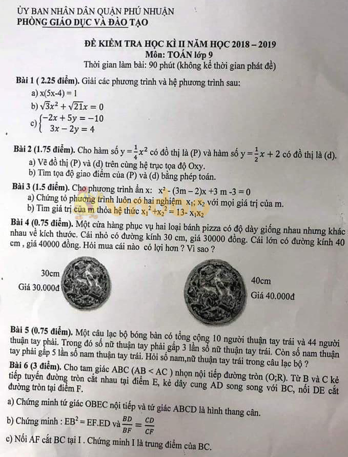 Đề thi học kì 2 lớp 9 môn Toán Phòng GD&ĐT Quận Phú Nhuận năm học 2018 - 2019