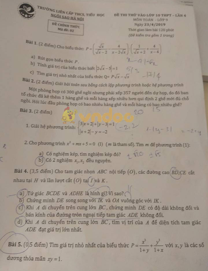 Đề thi thử vào lớp 10 môn Toán trường liên cấp THCS, tiểu học Ngôi Sao năm học 2019 - 2020 (lần 4)