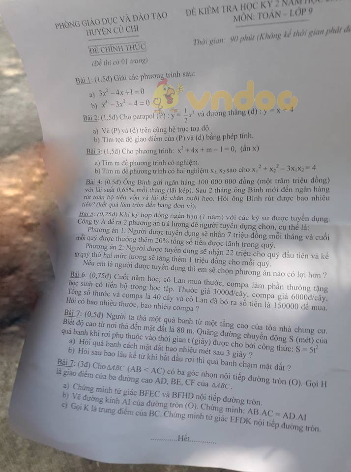 Đề thi học kì 2 lớp 9 môn Toán Phòng GD&ĐT huyện Củ Chi năm học 2018 - 2019