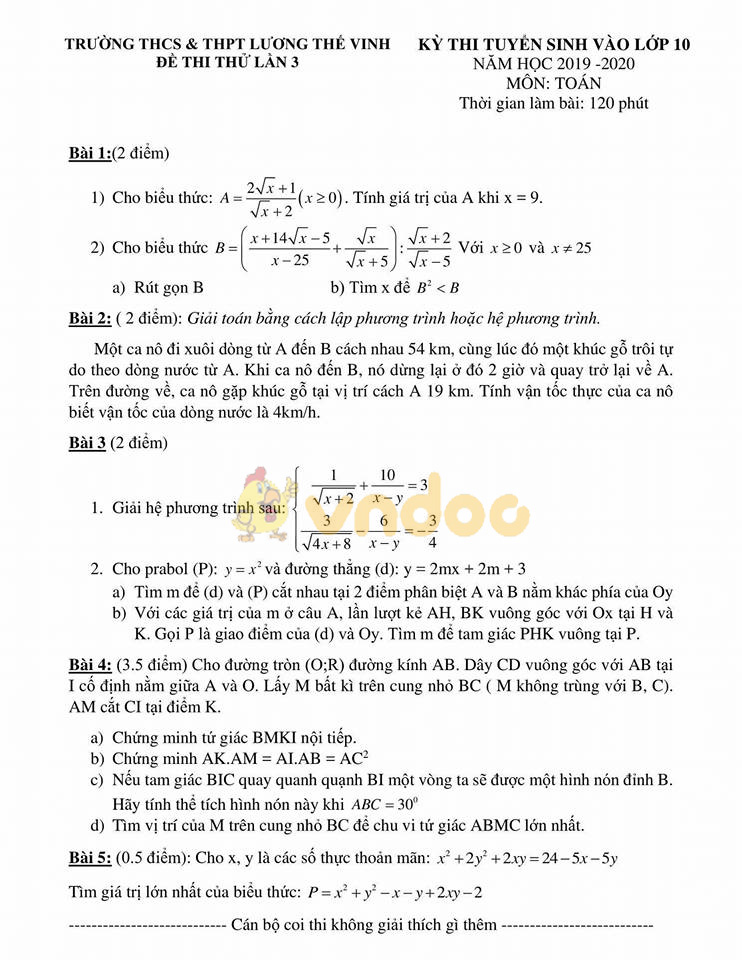 Đề thi thử vào lớp 10 môn Toán trường THCS&THPT Lương Thế Vinh, Hà Nội năm học 2019 - 2020 (lần 3)
