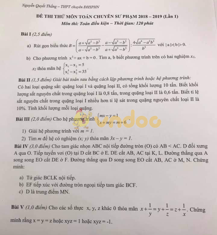 Đề thi thử vào lớp 10 môn Toán trường THPT chuyên Sư Phạm Hà Nội năm học 2018 - 2019 (lần 1)