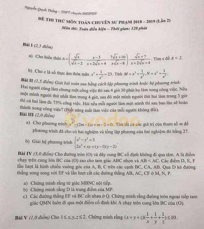 Đề thi thử vào lớp 10 môn Toán trường THPT chuyên Sư Phạm Hà Nội năm học 2018 - 2019 (lần 2)