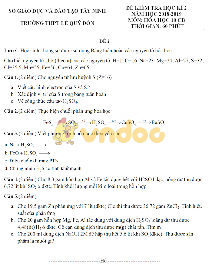 Đề thi học kì 2 lớp 10 môn Hóa học năm 2018 - 2019