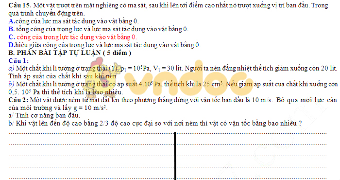 Đề thi học kì 2 lớp 10 môn Vật lý năm 2018 - 2019