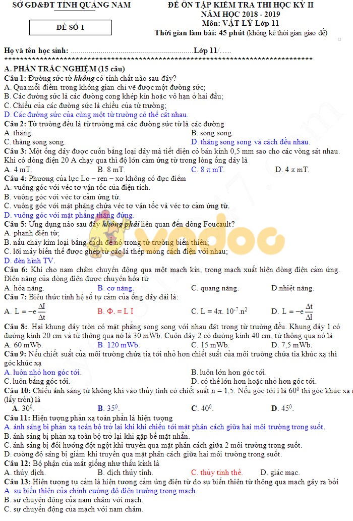 Đề thi học kì 2 lớp 11 môn Vật lý năm 2018 - 2019 