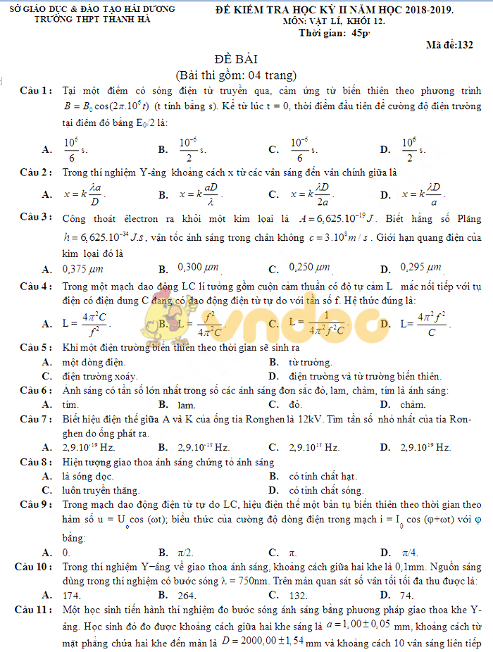 Đề thi học kì 2 lớp 12 môn Vật lý năm 2018 - 2019