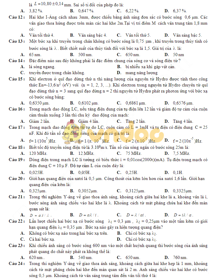 Đề thi học kì 2 lớp 12 môn Vật lý năm 2018 - 2019