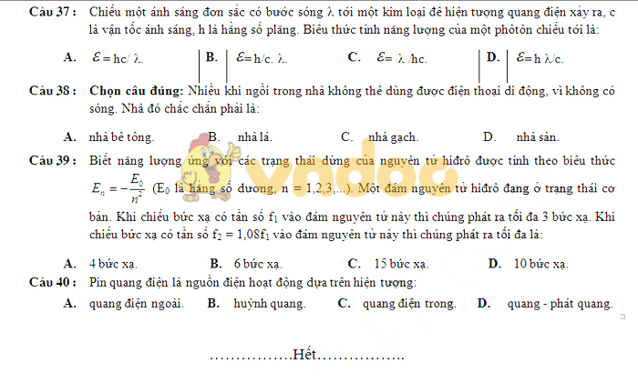 Đề thi học kì 2 lớp 12 môn Vật lý năm 2018 - 2019