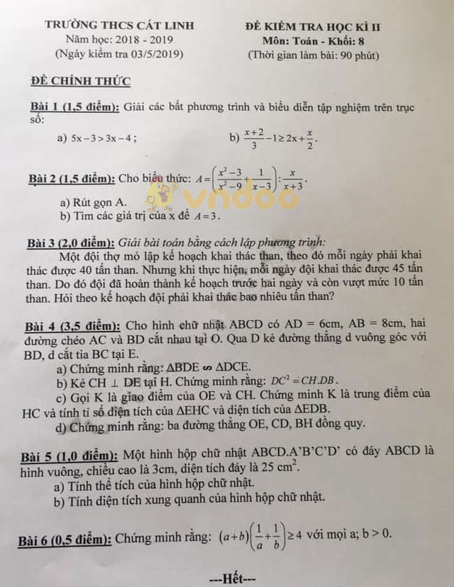 Đề thi học kì 2 lớp 8 môn Toán trường THCS Cát Linh năm học 2018 - 2019