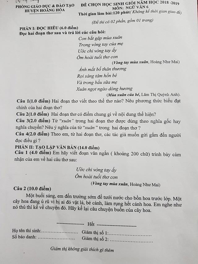 Đề thi HSG môn Ngữ Văn lớp 6