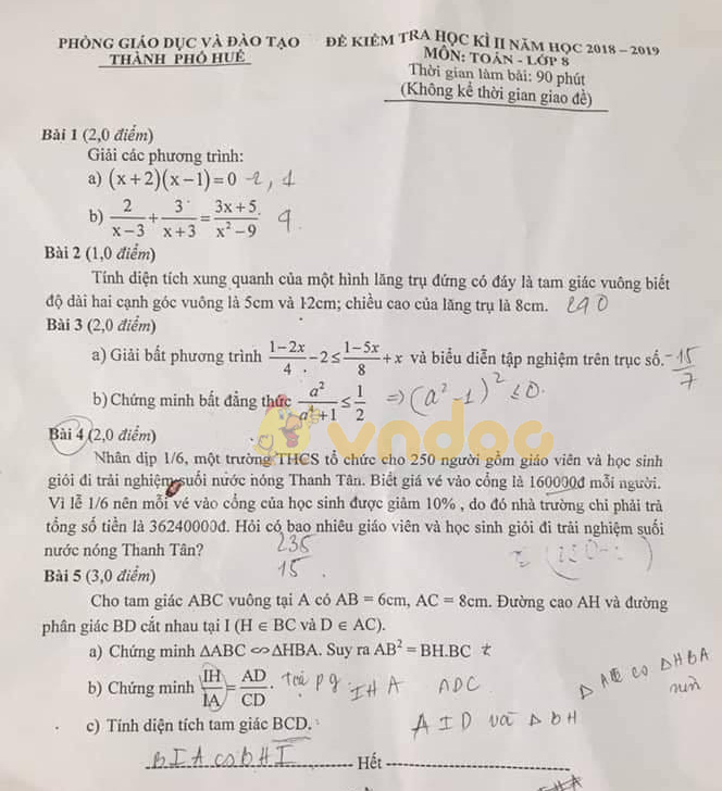 Đề thi học kì 2 lớp 8 môn Toán Phòng GD&ĐT Thành phố Huế năm học 2018 - 2019