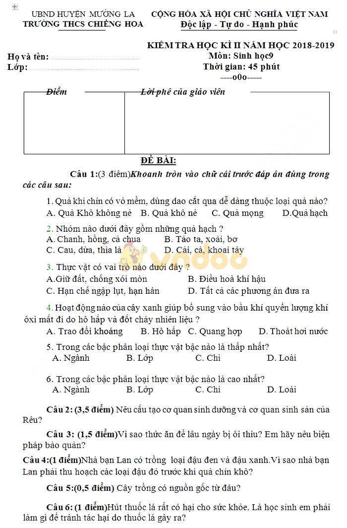Đề thi học kì 2 lớp 9 môn Sinh học trường THCS Chiềng Hoa, Mường La năm học 2018 - 2019