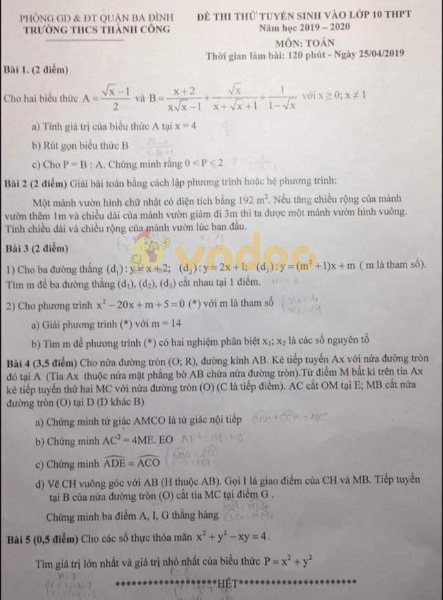 Đề thi thử vào lớp 10 môn Toán trường THCS Thành Công, Ba Đình năm học 2019 - 2020