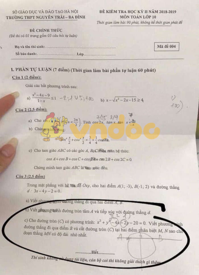 Đề thi học kì 2 lớp 10 môn Toán năm 2018 - 2019