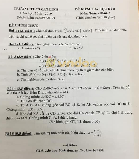 Đề thi học kì 2 lớp 7 môn Toán trường THCS Cát Linh năm học 2018 - 2019