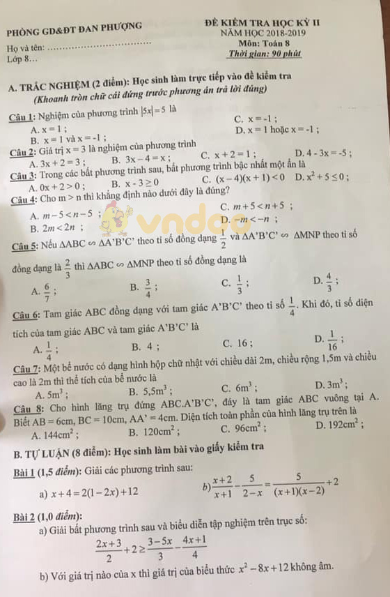 Đề thi học kì 2 lớp 8 môn Toán Phòng GD&ĐT Đan Phượng năm học 2018 - 2019