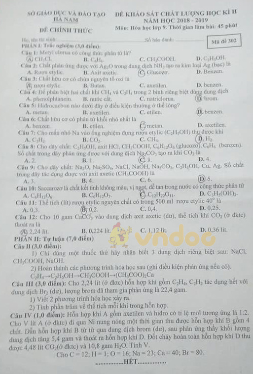 Đề thi học kì 2 lớp 9 môn Hóa học Sở GD&ĐT Hà Nam năm học 2018 - 2019