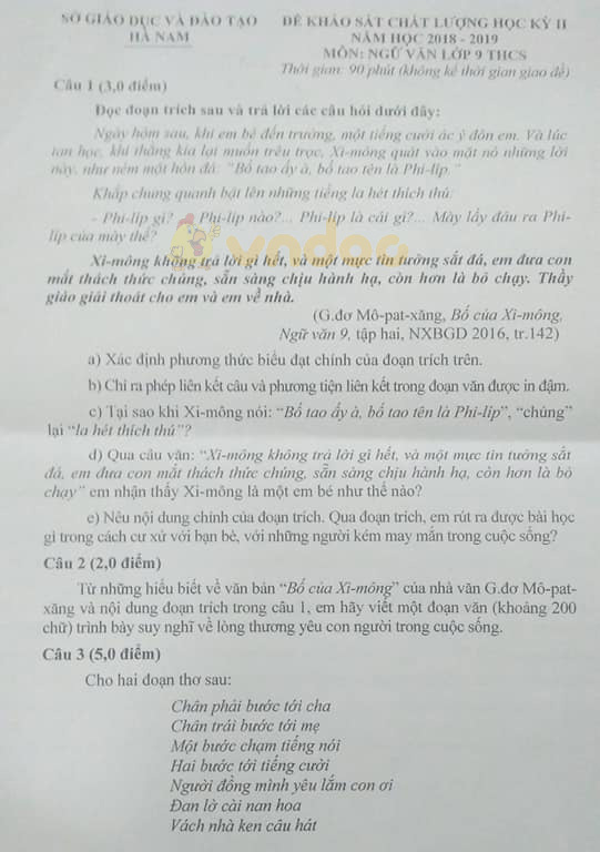 Đề thi học kì 2 lớp 9 môn Ngữ văn Sở GD&ĐT Hà Nam năm học 2018 - 2019