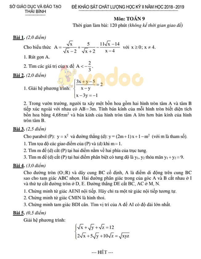Đề thi học kì 2 lớp 9 môn Toán Sở GD&ĐT Thái Bình năm học 2018 - 2019