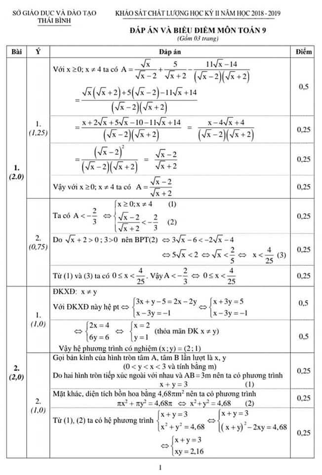 Đề thi học kì 2 lớp 9 môn Toán Sở GD&ĐT Thái Bình năm học 2018 - 2019
