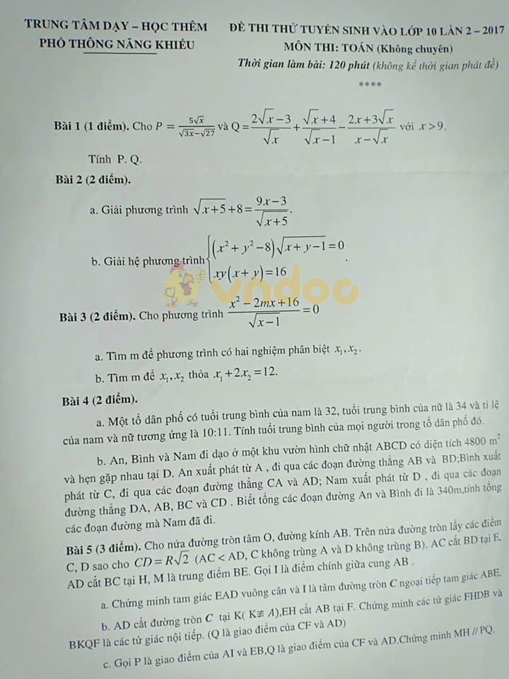 Đề thi thử vào lớp 10 môn Toán trường Phổ Thông Năm Khiếu, TPHCM năm học 2017 - 2018 (lần 2)