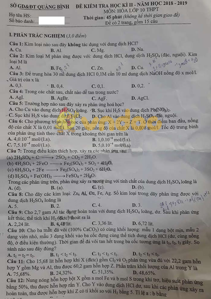 Đề thi học kì 2 lớp 10 môn Hóa học năm 2018 - 2019