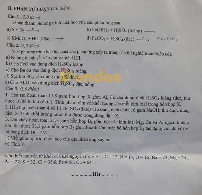 Đề thi học kì 2 lớp 10 môn Hóa học năm 2018 - 2019
