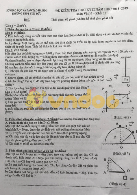 Đề thi học kì 2 lớp 10 môn Vật lý năm 2018 - 2019