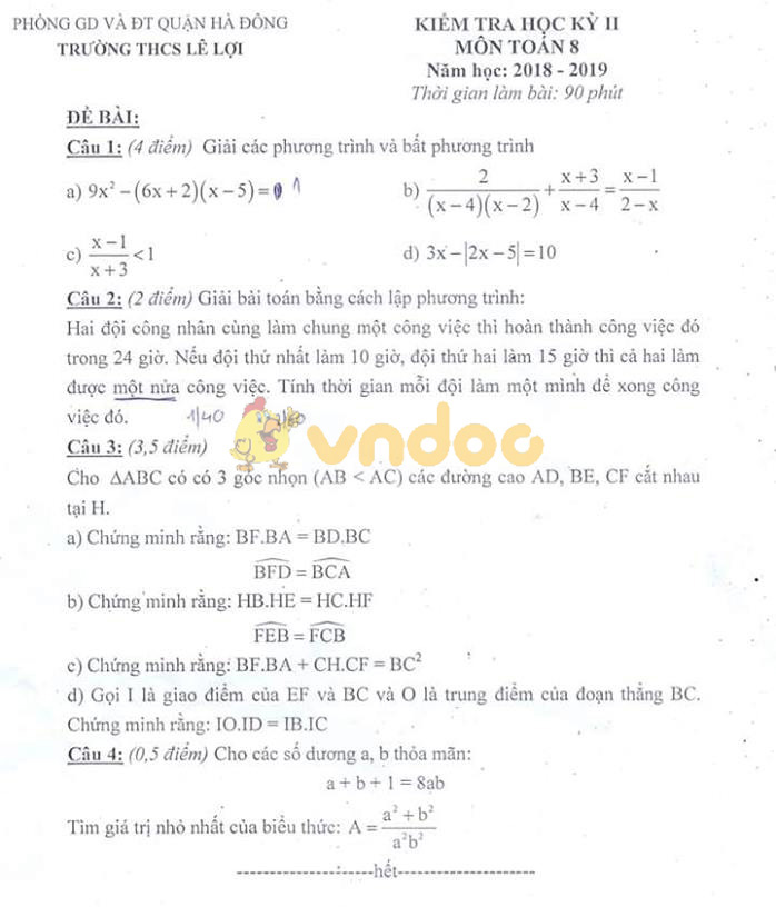 Đề thi học kì 2 lớp 8 môn Toán trường THCS Lê Lợi, Hà Đông năm học 2018 - 2019