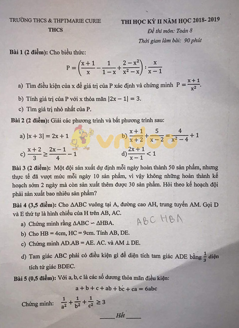 Đề thi học kì 2 lớp 8 môn Toán trường THCS Marie Curie năm 2018 - 2019